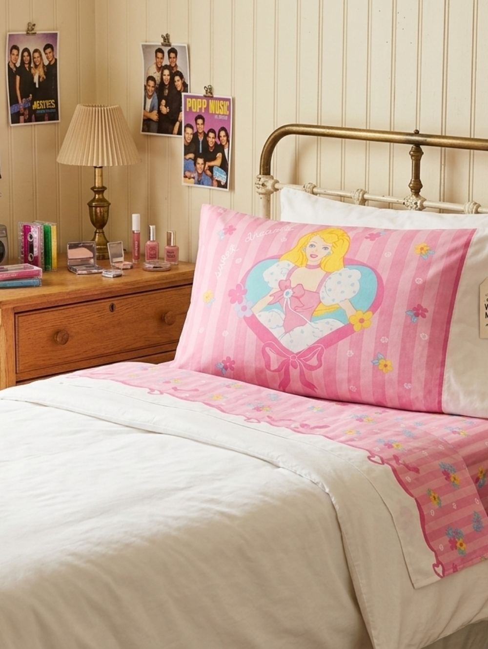 Vintage 1997 Barbie Twin Top Sheet & Pillowcase Mattel Dan River Pink